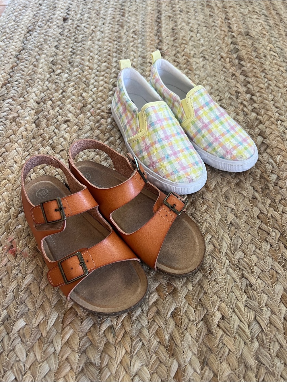 Cat & Jack Pastel Plaid Slip-Ons and Brown Buckle Sandals Girls 12 GUC